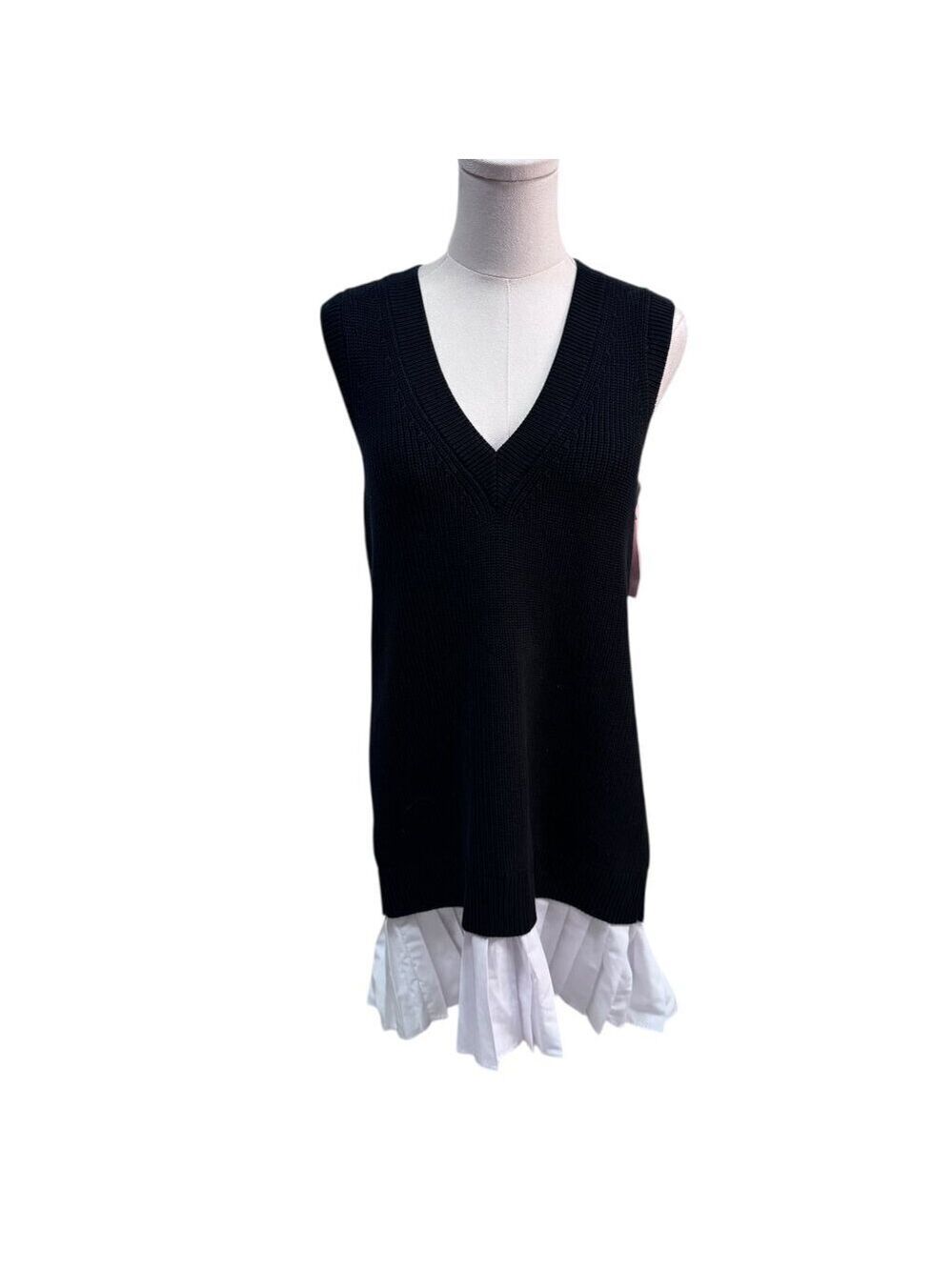 5à7 Cinq à Sept Black Sweater Vest Dress w/ White Pleated Hem XS NWT
